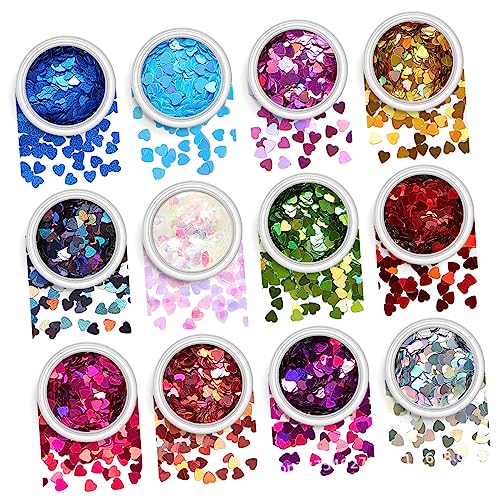 Healeved Valentine's Day Heart Manicure Set Nail Glitter 12 Boxes of Heart Shaped Glitter Flakes for Nails