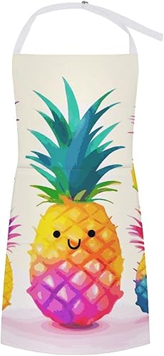 MUSM Apron for Adults - 27.6 X 31.5 Inch, Heavy-Duty Polyester Aprons with Two Large Pockets, Waterproof Rainbow Pineapple Cartoon Kitchen Apron for