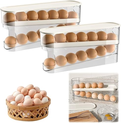 Vista 8 de Soporte para huevos para nevera, organizador de huevos para refrigerador de desplazamiento automático para huevos, dispensador rodante, contenedor 1