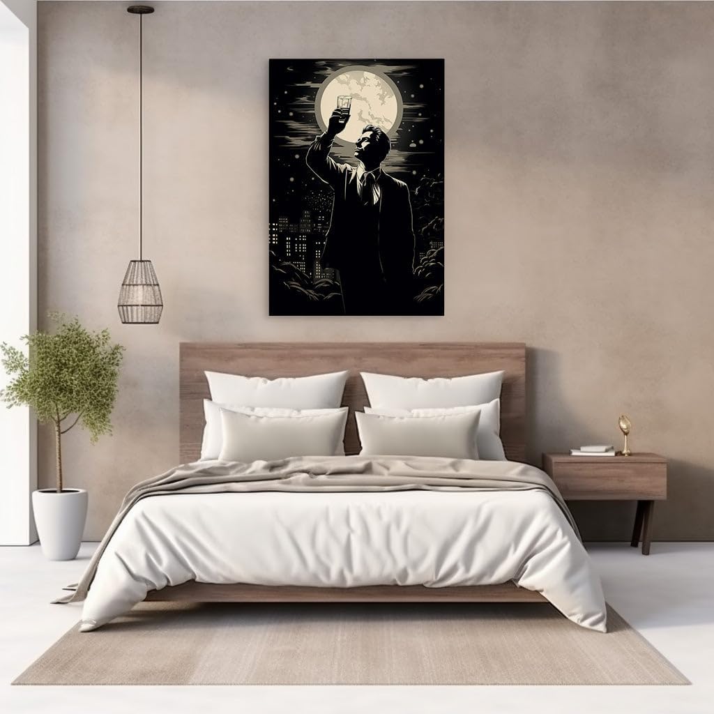Canvas for Living room. Manhattan Midnight: A Monochrome Fantasy of Urban Elegance and Lunar Toasts, 27 x 18 inch Canvas Wall Art - Ready to Hang - 69x46 cm (27x18 inch)