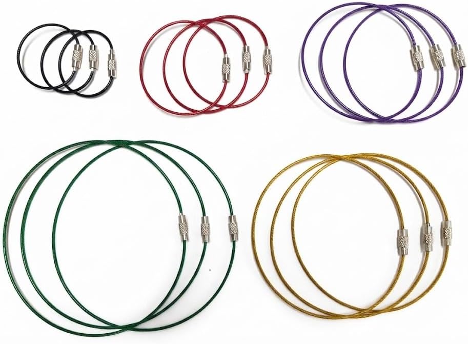 Stainless Steel Wire Cable Keyrings 15 Pack, 5 Sizes