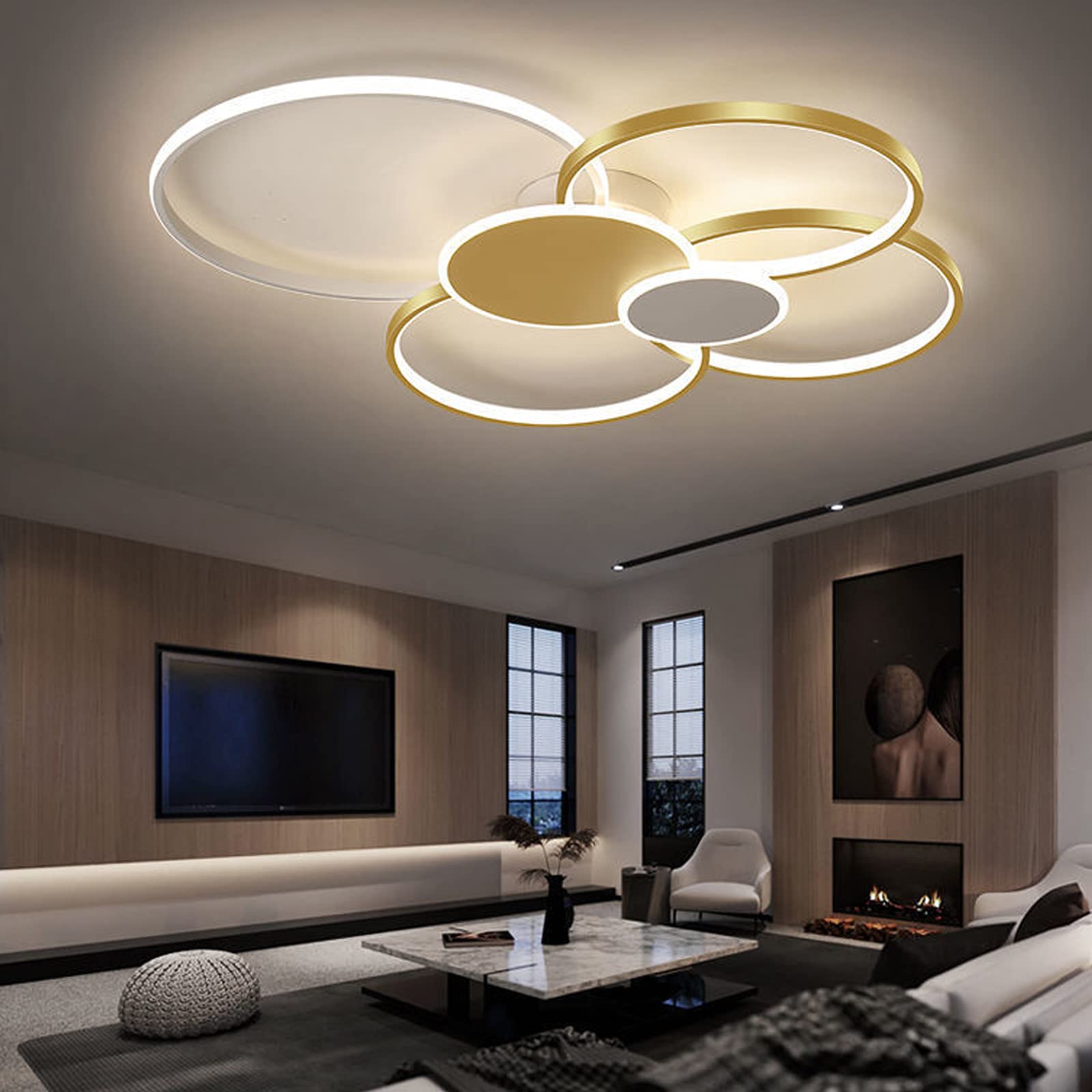 JOJOM LED Deckenleuchte – Dimmbare Runde Schmiedeeisen-Leuchte Mit Fernbedienung, 4-armig, Gold
