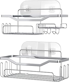 HapiRm Etagere Douche, Porte Savon Douche Sans Perçage, Etagere Salle De Bain Acier Inoxydable, Panier De Douche Avec 11 Crochets, Sticker Rangement Douche, 2 Pcs Serviteurs De Douche, Argente