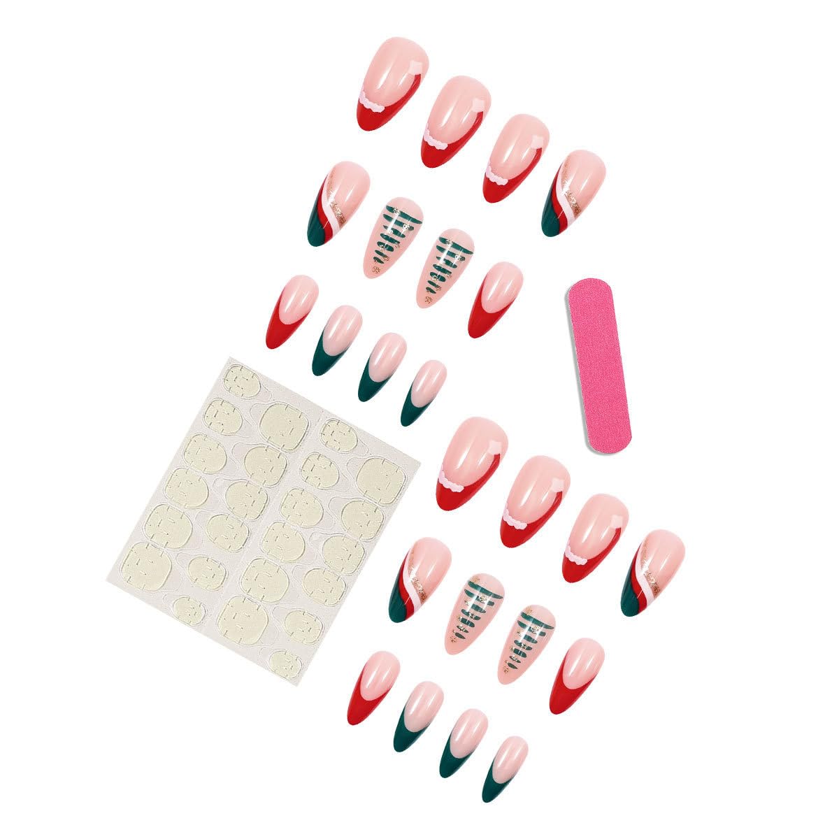 Condition photo showing New/Like New for Christmas Almond Press on Nails Medium French Tip Fake Nails with Tree Designs Red Hat Tip Christmas Stick on Nails Gold Line Christmas Glue on Nail Full Cover Glossy False Nails for Women Style 02
