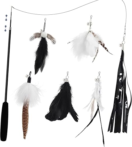 Miniatura 10 de SONGWAY Juguetes de varita para gatos de interior – Juego de juguetes para gatos con varita retráctil y 6 piezas de repuesto de juguete de plumas de