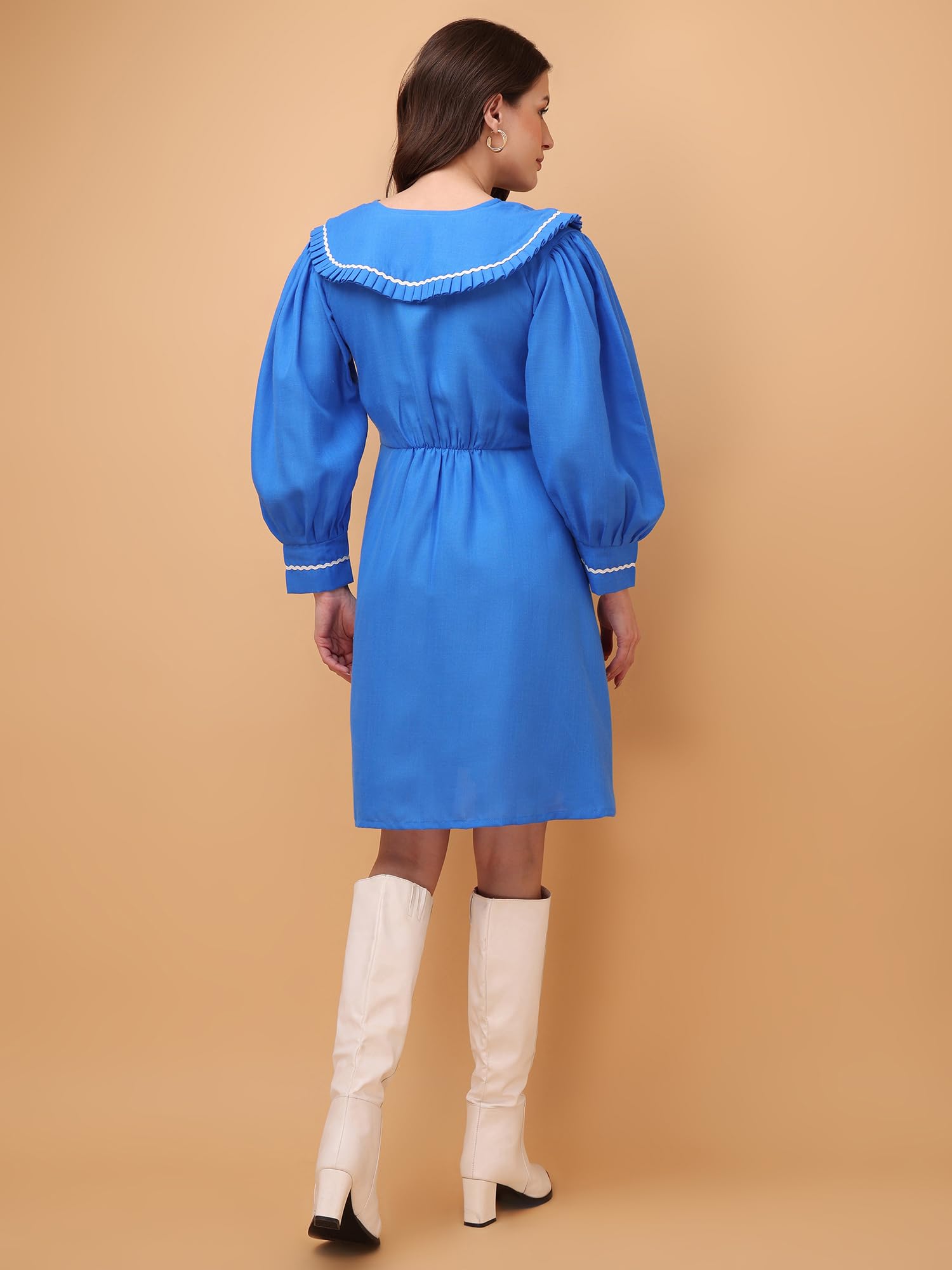 Purvaja Womens V-Neck Fit & Flared Cotton Blend Dress (Floe-038-Xl_Blue)