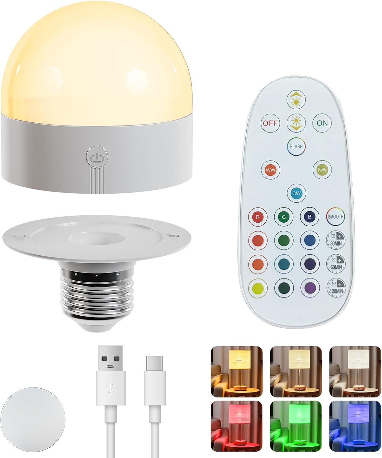 E26 Rechargeable Light Bulb with Remote and Timer,Battery Operated Light Bulb for Sconces and Lamps,E26 Detachable Charging for Non-Hardwired Fixture, 3 Color Temperatures + 12 RGB Colors,1P