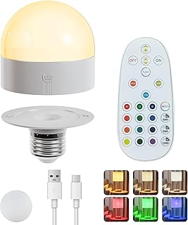 E26 Rechargeable Light Bulb with Remote and Timer,Battery Operated Light Bulb for Sconces and Lamps,E26 Detachable Charging for Non-Hardwired Fixture, 3 Color Temperatures + 12 RGB Colors,1P