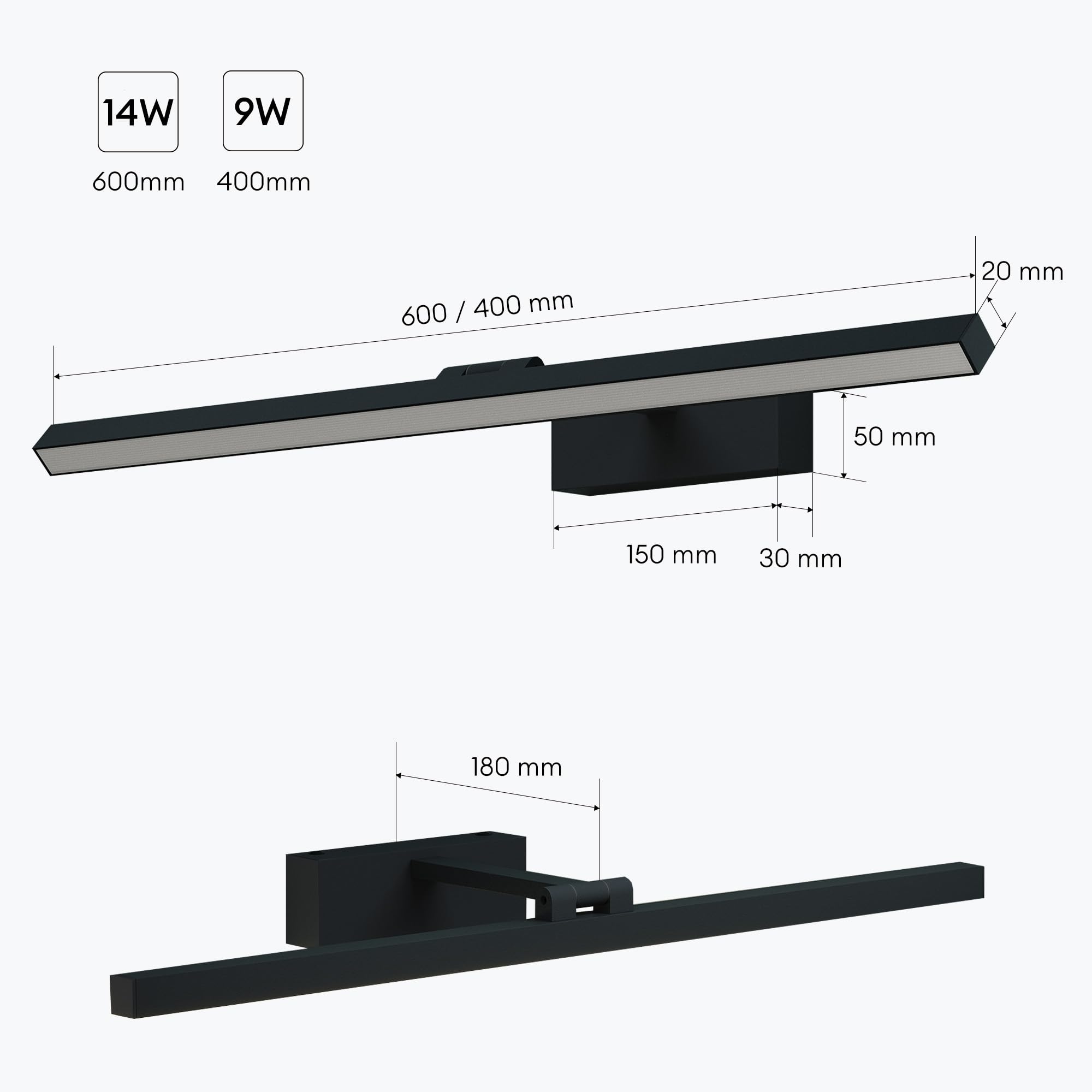 Mai & Mai Spiegelleuchte 40cm LED Badlampe | Spiegellampe, 4000K Badezimmer Lampe | 180° Drehbar Sandschwarz 9W Strahlenschön