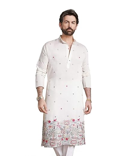 SOJANYA (Since 1958 Men's Cotton Silk Long Kurta with Exquisite Daman Embroidery