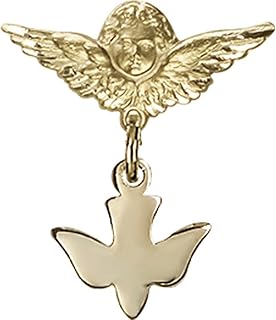 14kt Yellow Gold Baby Badge with Holy Spirit Charm and Angel w/Wings Badge Pin 3/4 X 3/4 inches