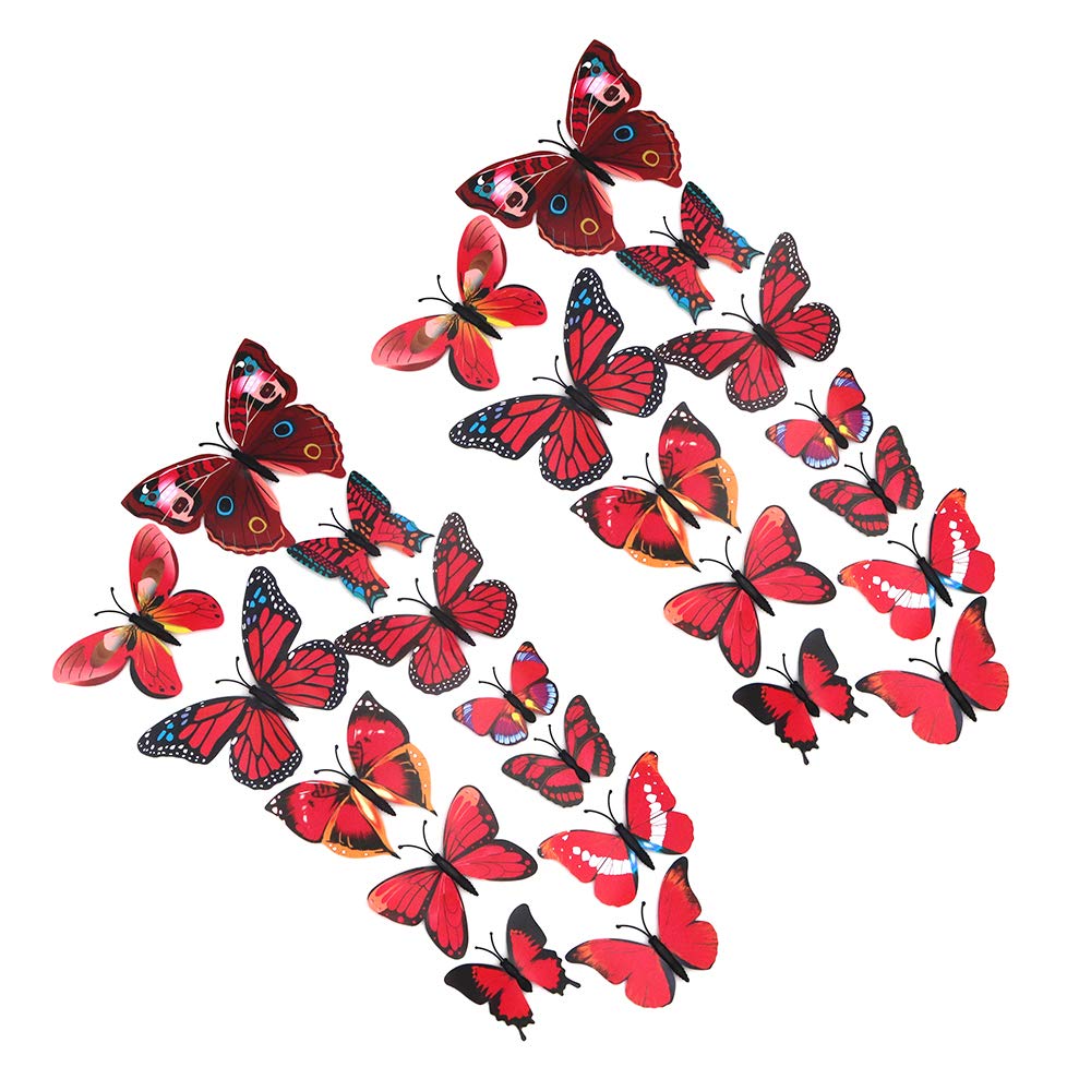 Shiwaki Red 24Pcs 3D Simulation Three-Dimensional Butterfly Magnet Wall Sticker Decoration Refrigerator Sticker Home Decoration(Red)