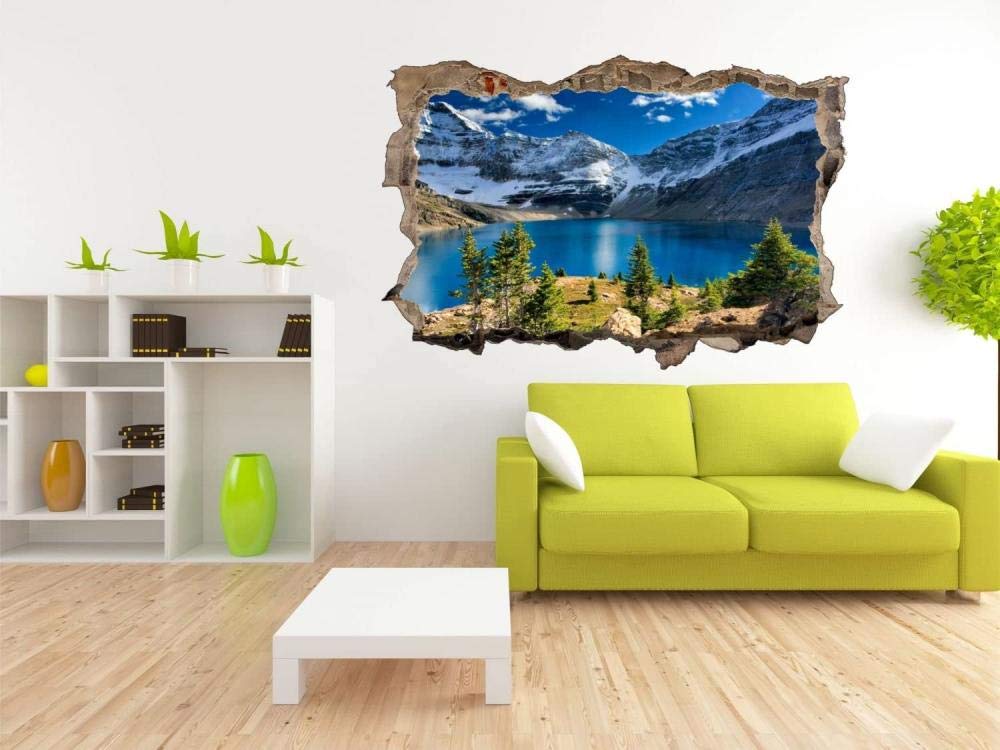 Pegatinas de Pared rotas 3D Montañas lago nieve calcomanías murales extraíbles decoración de Sala de Arte de Vinilo para Sala de Estar Dormitorio Cocina 70x110cm