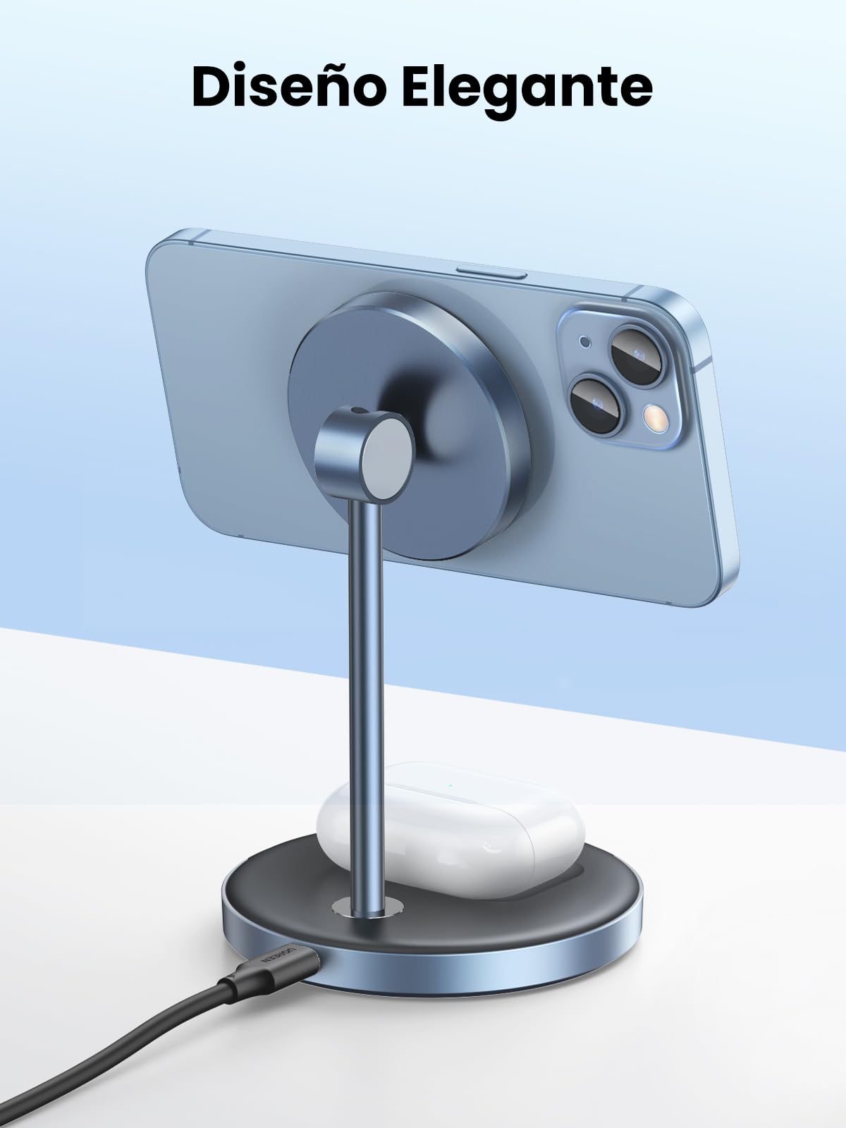 UGREEN MagFlow Cargador Inalámbrico 2 en 1, Estación de Carga Magnética para Airpods, Soporte para Móvil Compatible coniPhone 17 Pro MAX Air/16/15/14/13/12 Series, AirPods Pro 2/3