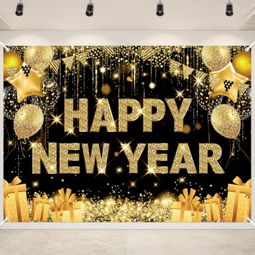 7 x 5 FT Happy New Year Backdrop – Extra Large Gold and Black New Year Party Photo Background with Balloons, Stars, and Gift Boxes for Indoor Outdoor Celebrations