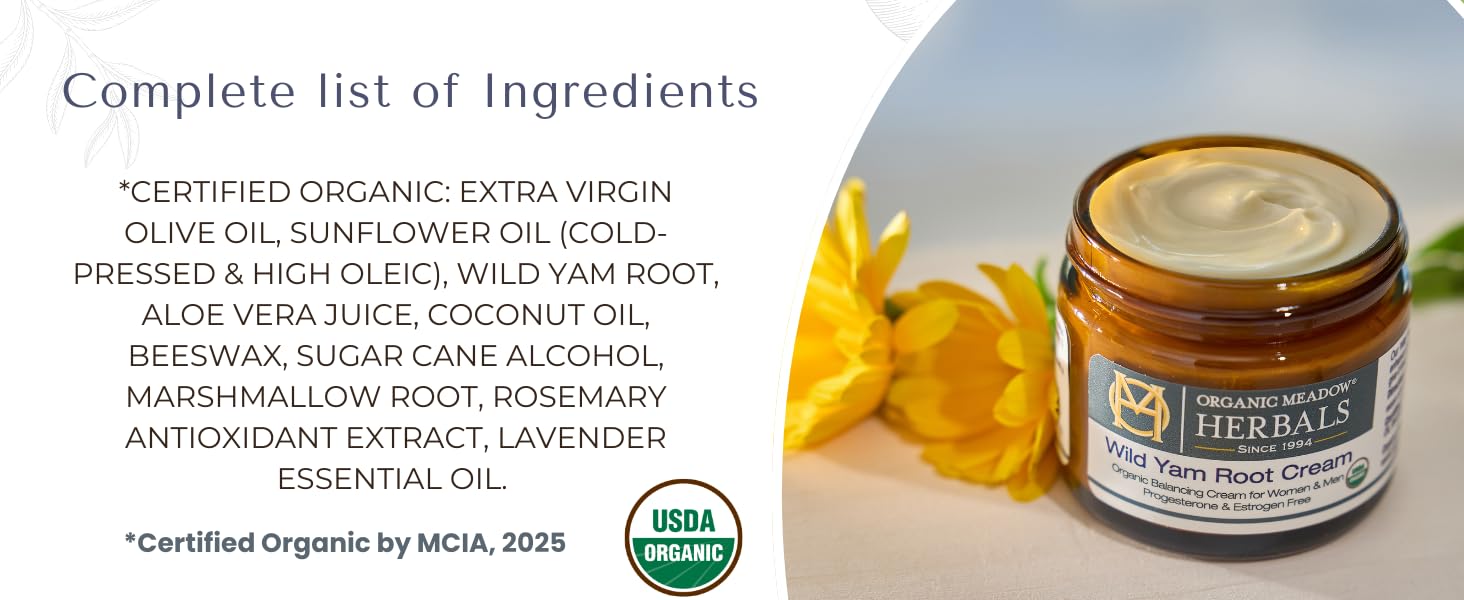 Organic Meadow Herbals Wild Yam Root Cream - USDA Certified Organic Balancing Cream for PMS & Menopause Relief - Estrogen & Progesterone-Free, Handmade, Woman-Owned & Operated Since 1994 (4 oz)