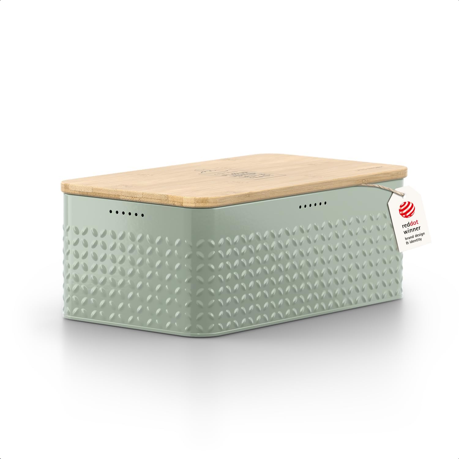 LARS NYSØM Bread Box I Metal Box for long lasting freshness I Bread Bin with bamboo lid usable as cutting board I 13.4x7.3x5.3In (Sage Green)