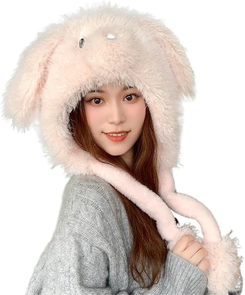 2025 Cute Plush Winter Hat Puppy Ears Hat Warm Ear Flaps Ski Hat Furry Faux Fur Beanie Hat Windproof Skull Cap() (6 7/87 1/8)
