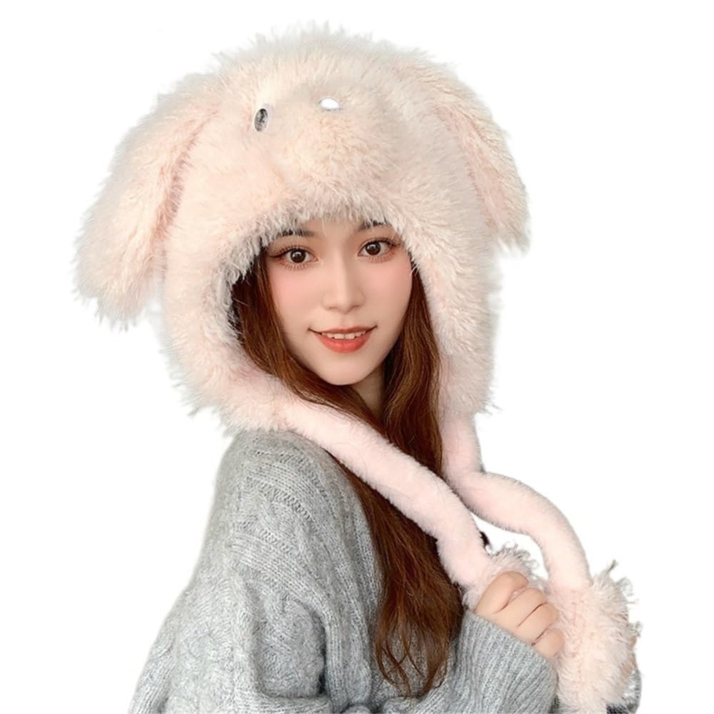 Bonnet en peluche mignon avec oreilles de chiot blanc pour un hiver cocooning et chaleureux