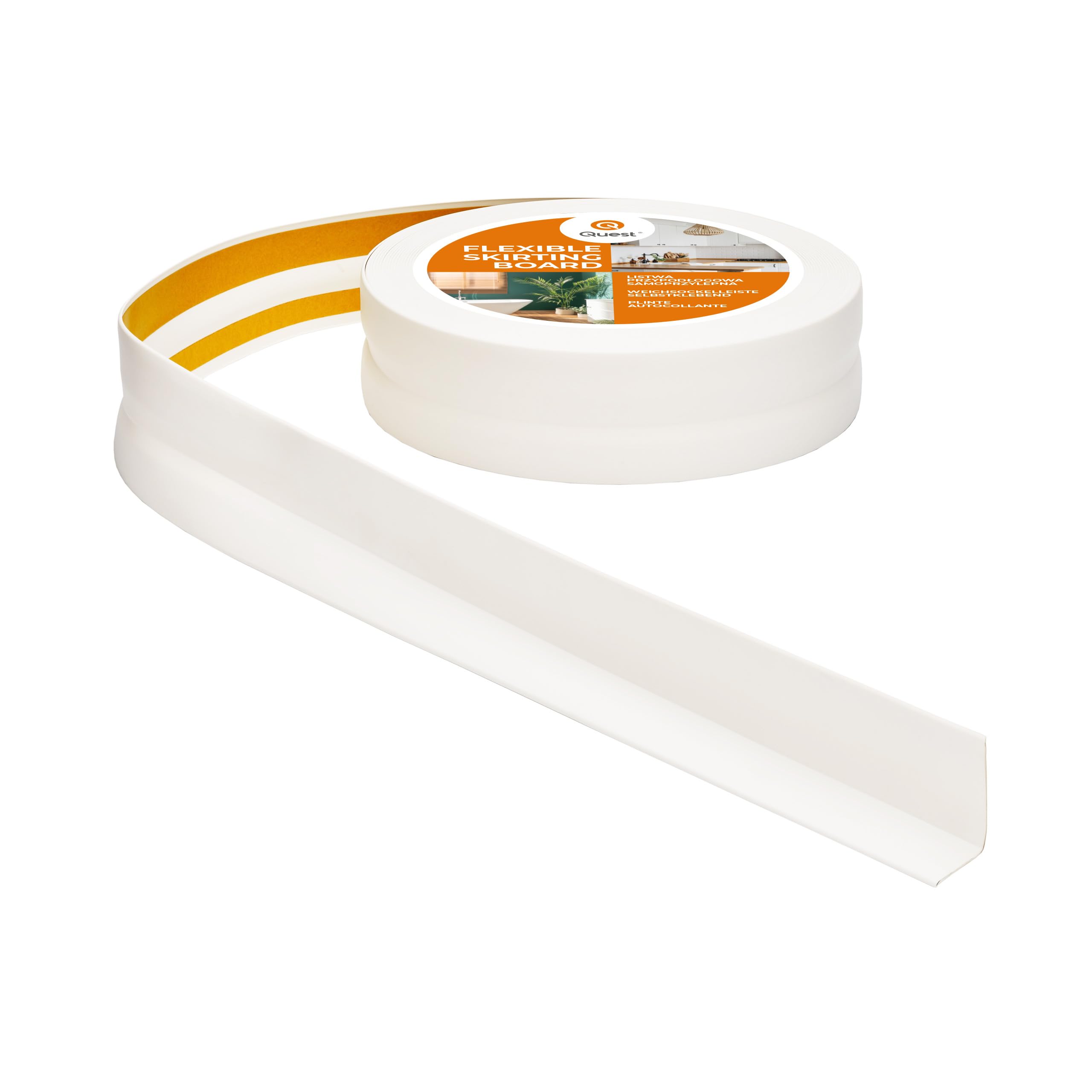 Quest Battiscopa Morbido Adesivo - 32 mm x 23 mm - Listello in PVC, Finitura Flessibile, Profilo Angolare per Cucina, Bagno, Parete, Pavimento - Decorativo (Bianco, 5m)