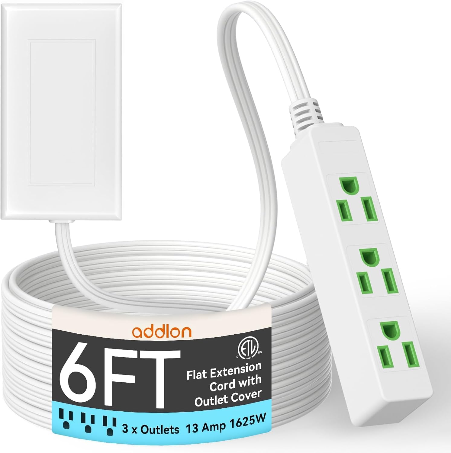 addlon Flat Plug Power Strip with Ultra-Thin Wall Plate, 6 FT Flat Extension Cord with 3 Standard 15A Outlets & 2 USB Ports, Electrocution Protection, Includes 2 Sets of Fixing Clip, ETL Listed, 2Pack