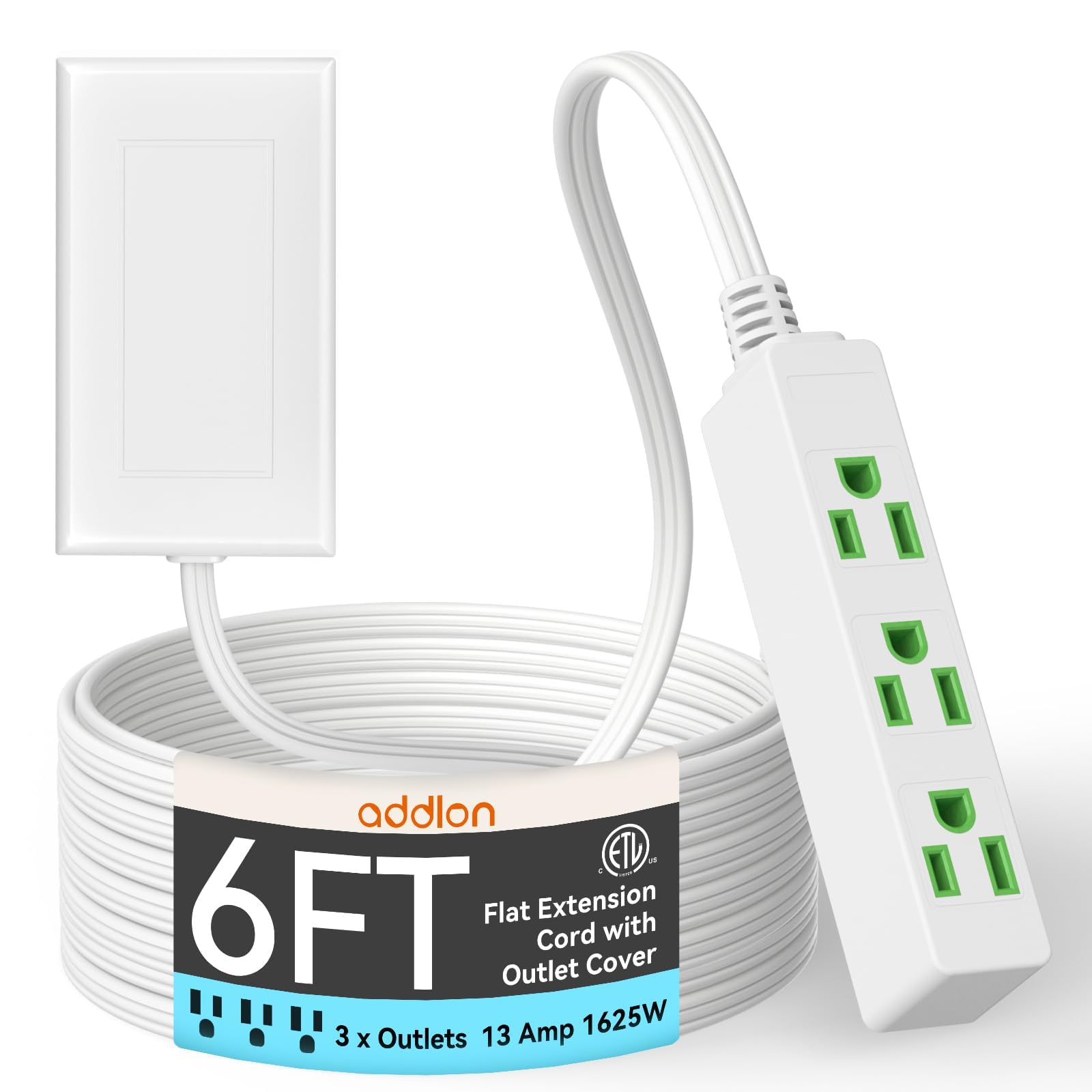 addlon Flat Plug Power Strip with Ultra-Thin Wall Plate, 6 FT Flat Extension Cord with 3 Standard 13A 1625W Outlets, Electrocution Protection, Includes 2 Sets of Fixing Clip, ETL Listed