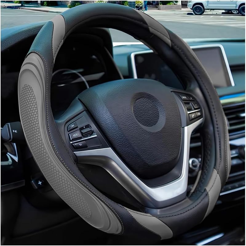 Osilly 15 Inch Artificial Leather Steering Wheel Cover, Gray | rubber anti-slip lining, breathable contact surface, hand-stretch setup, fits matching rim sizes, automotive accessories