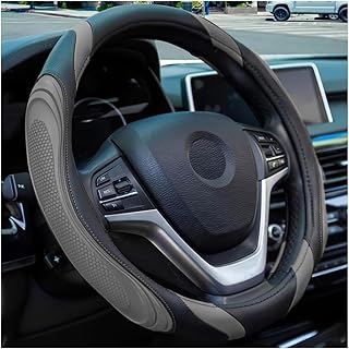 JNNJ Steering Wheel Cover Car Microfibre Leather Steering Wheel Cover Sport Non-Slip Universal 38 cm Steering Wheel Cover Genuine Leather Breathable Anti Slip (Grey)