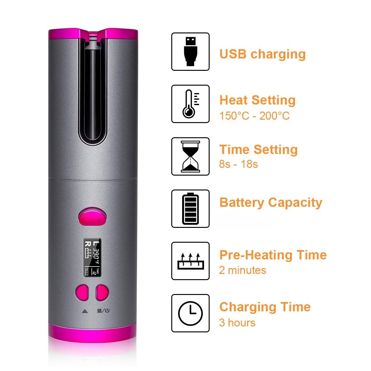 EMEBAY Fer à Friser Automatique Sans Fil, Boucleur à Cheveux Batterie Rechargeable 4000mAh, Bigoudi Anti-Brûlures avec Minuterie, Fer à Boucler Portable 6 Température Cheveux Longs et Courts