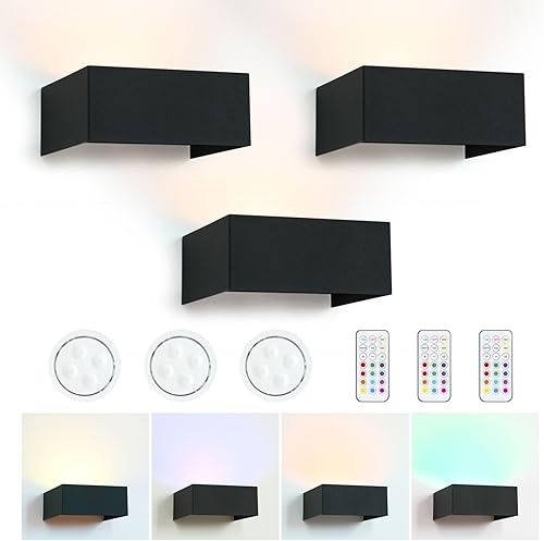 HEQIQEH Juego de 3 apliques RGB de estilo moderno que funcionan con pilas, lámparas LED de pared para interiores arriba y abajo con control remoto,
