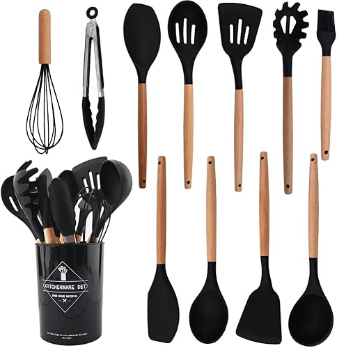 Juego de utensilios de cocina de silicona negra con soporte para cubo de almacenamiento, mango de madera antiadherente, juego de utensilios de