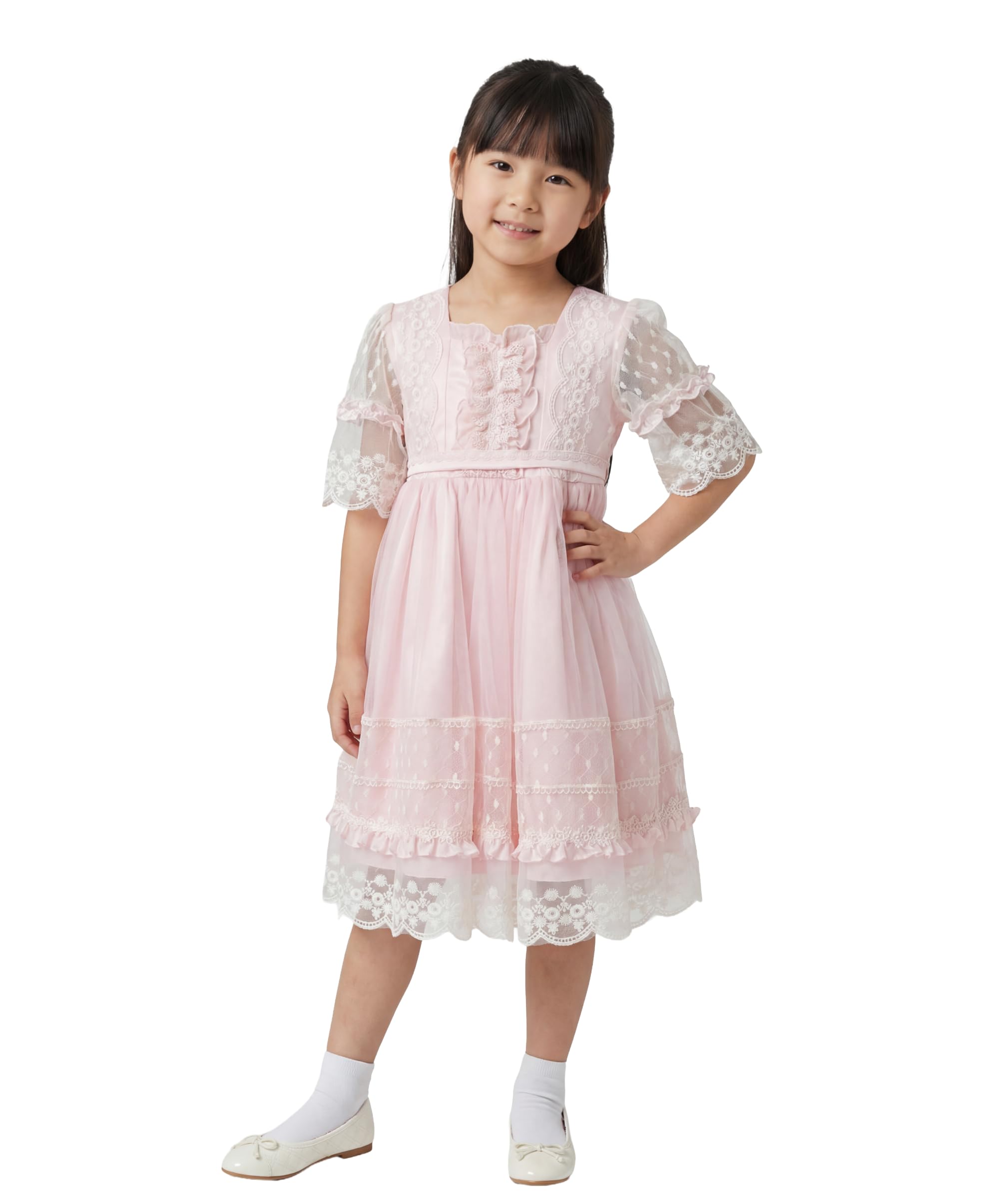 Vestido Rosa de Encaje con Mangas Transparentes Bordadas para bebés y niñas, Ideal para Bodas y Fiestas