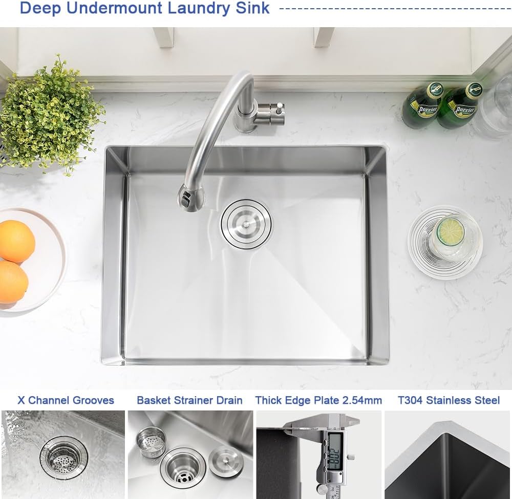 24 Inch Undermount Laundry Sink-Hovheir 24x19x12 Inch Stainless Steel Utility Sink 16 Gauge Stainless Steel Undermount Single Bowl Deep Laundry Room Sinks Outdoor with Bottom Grid