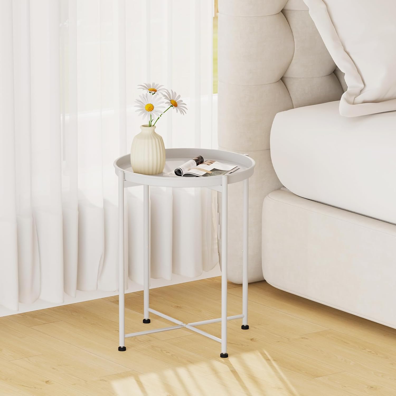 Garden 4 you Small Side Table, White Mini Round End Table, Tray Table with Metal Frame, Modern Nightstand for Living Room, Bedroom, Patio, Small Space, 1PCS