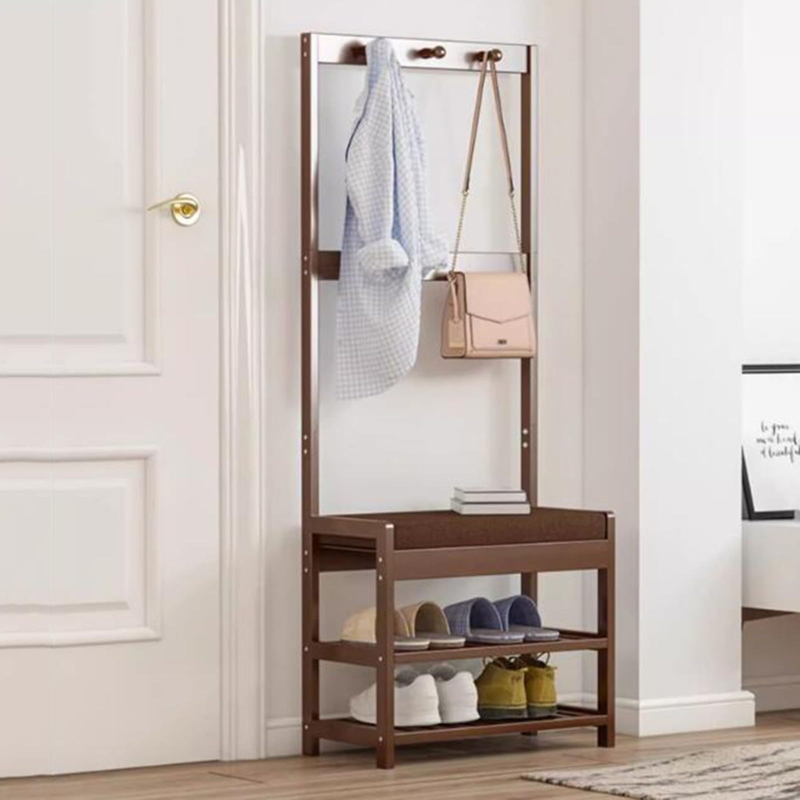 Meuble porte-manteau en bois debout haut de gamme avec double range-chaussures