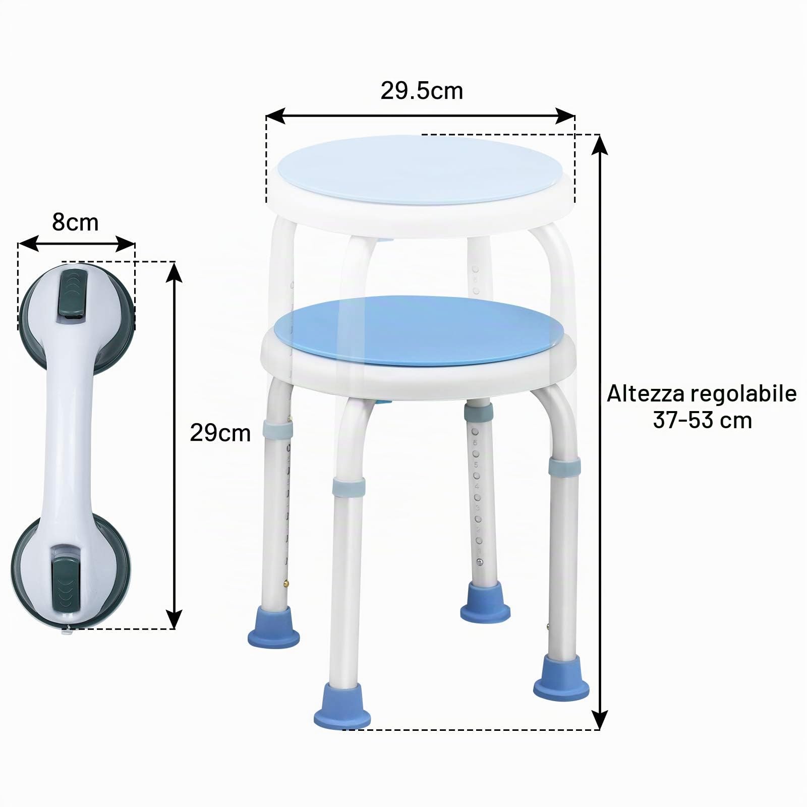 UISEBRT Sgabello da doccia girevole a 360°, regolabile in altezza, per doccia e bagno, antiscivolo, con ventosa, manico per vasca da bagno (sedia + maniglia)