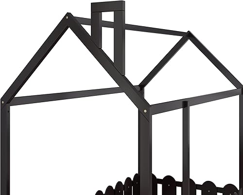 Miniatura 7 de Cama de casa de tamaño individual con valla y techo para niños, adolescentes, niñas, niños, cama de piso de madera, camas Montessori, marco de cama