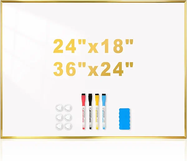 QUEENLINK Magnetic Whiteboard, 24"x18" Gold Aluminum Frame Dry Erase White Board for Wall, Hanging Wipe Board with 6 Magnets, 4 Markers & 1 Eraser for Home, Office, School