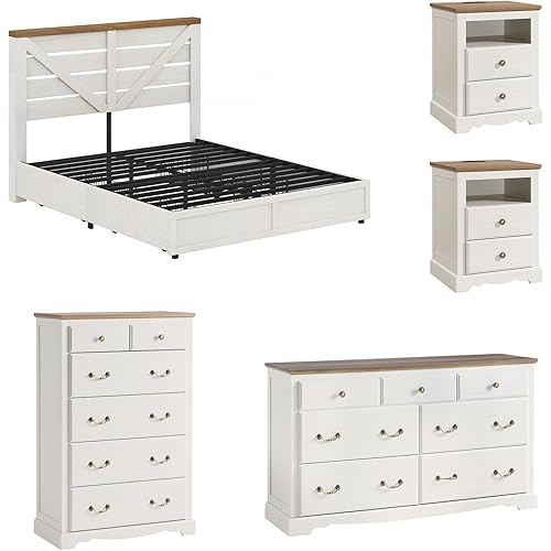 AMERLIFE 5 Piece Bedroom Set, Including Farmhouse Full Size Bed Frame with 4 Drawers, 7 Drawer Dresser & 6 Chest of Drawers, 2 Nightstands with Charging Station for Bedroom, White