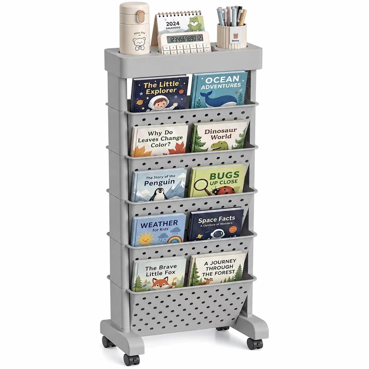 BYFU 6-Tier Rolling Bookshelf Cart, Grey
