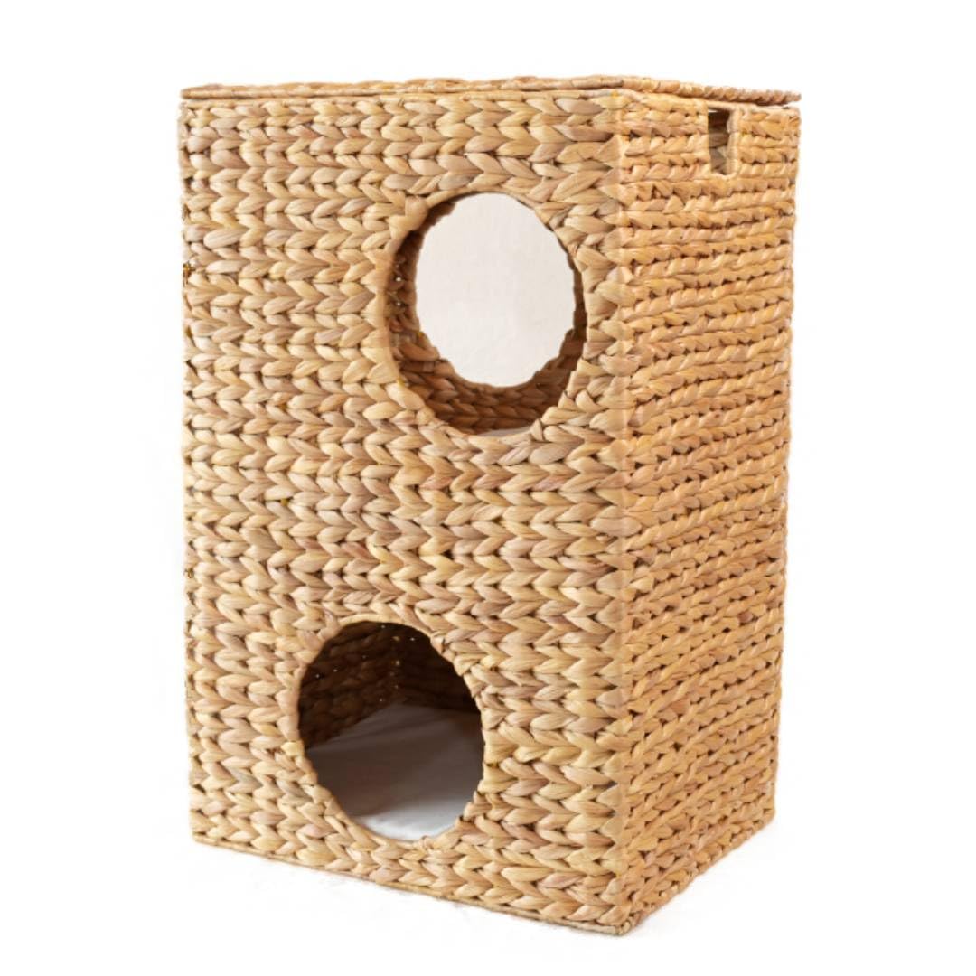 Equeen Handicraft Natural Woven Water Hyacinth Cat House, Indoor Pet Bed Cave, Handmade Dome-Shaped Pet Hideaway for Cats (62x40x30cm)