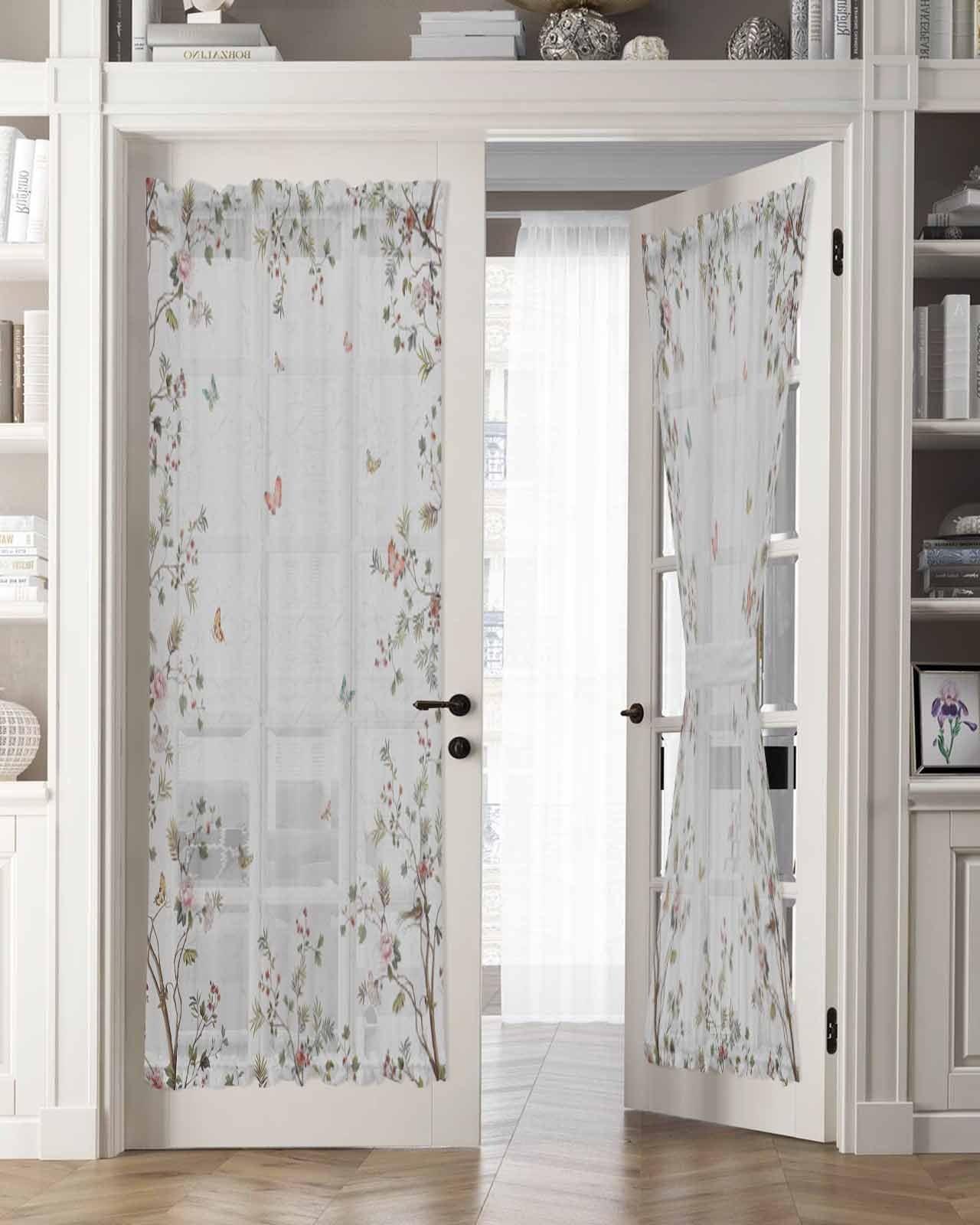 HERBED Sheer French Door Curtain Spring Flowers Floral Butterfly Tree Leaves Branch Semi Sliding Door Curtains Light Filtering Voile Front Door Patio