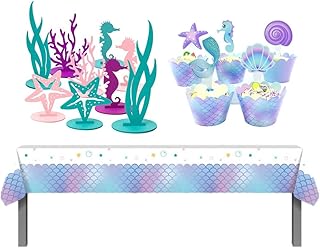 61Pcs/Pack Mermaid Birthday Decorations Supplies for Ocean Theme,Include 20pcs Felt Table Centerpiece,40Pcs Mermaid Cupcake Wrappers Toppers and 1pcs Mermaid Tablecloth