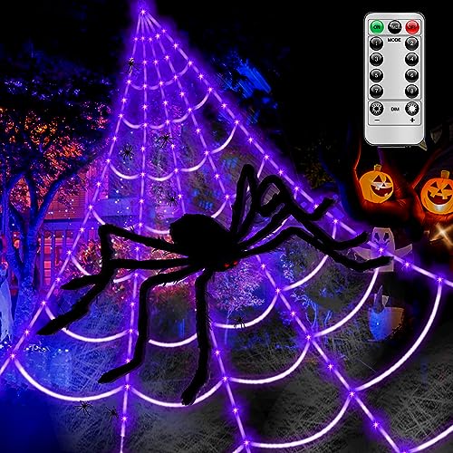 Spider Webs Halloween Decorations Lights - 250 LEDs 16.4Ft Outdoor Battery Operated String Purple...