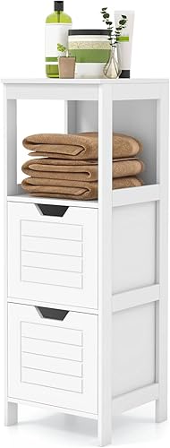 GLACER Armario de suelo de baño, armario de almacenamiento lateral de madera con dos cajones extraíbles para almacenamiento flexible, adecuado para