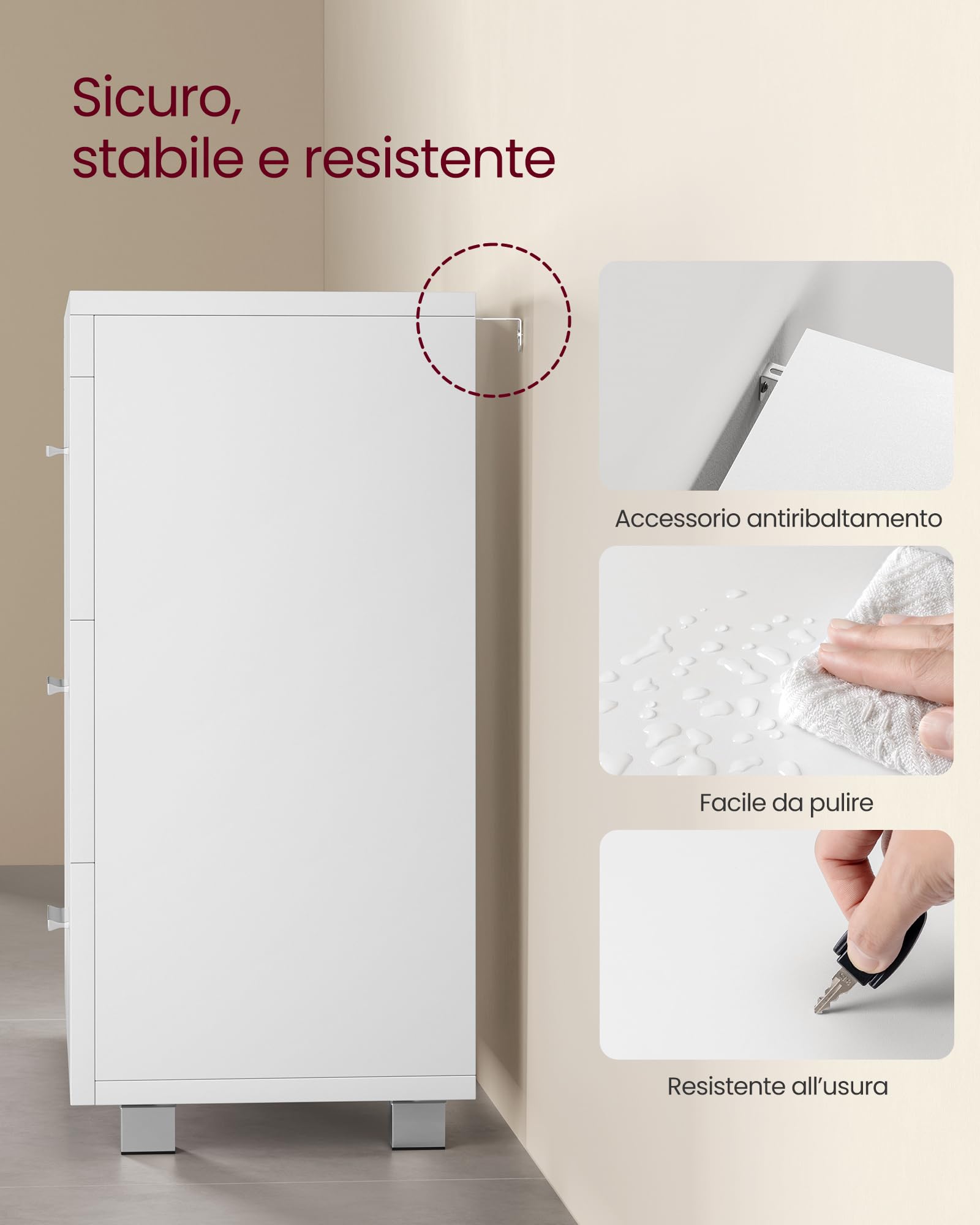 VASAGLE Mobile Sottolavabo per Bagno, Mobiletto da Bagno, 3 Cassetti Laterali, 2 Scomparti dietro l'Anta, per Lavabi con Colonna, con Piedini, 30 x 70 x 64 cm, Bianco Nuvola BBK504W01