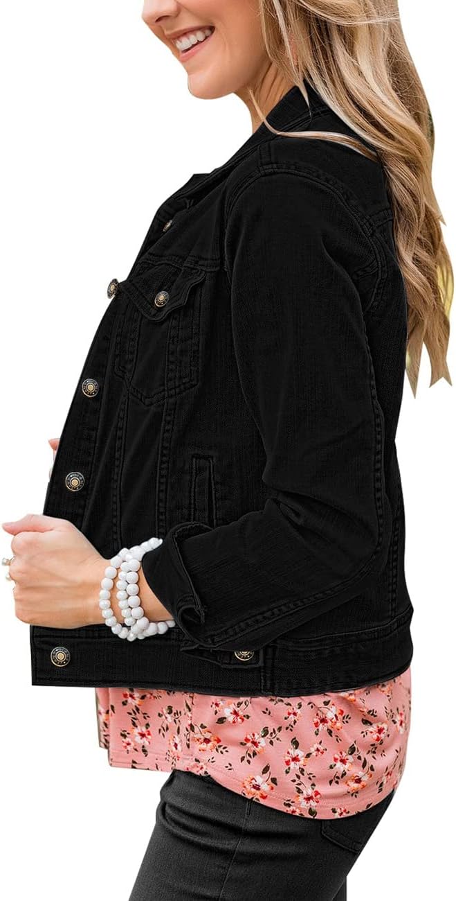 Vetinee Womens Stretch Button Down Long Sleeve Pockets Denim Jean Trucker Jacket - Image 3