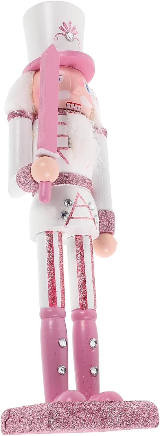 OUNONA Christmas Pink Wood Nutcracker Figurine 30cm Desktop Nutcracker Ornament Soldier Craft for Holiday Decor