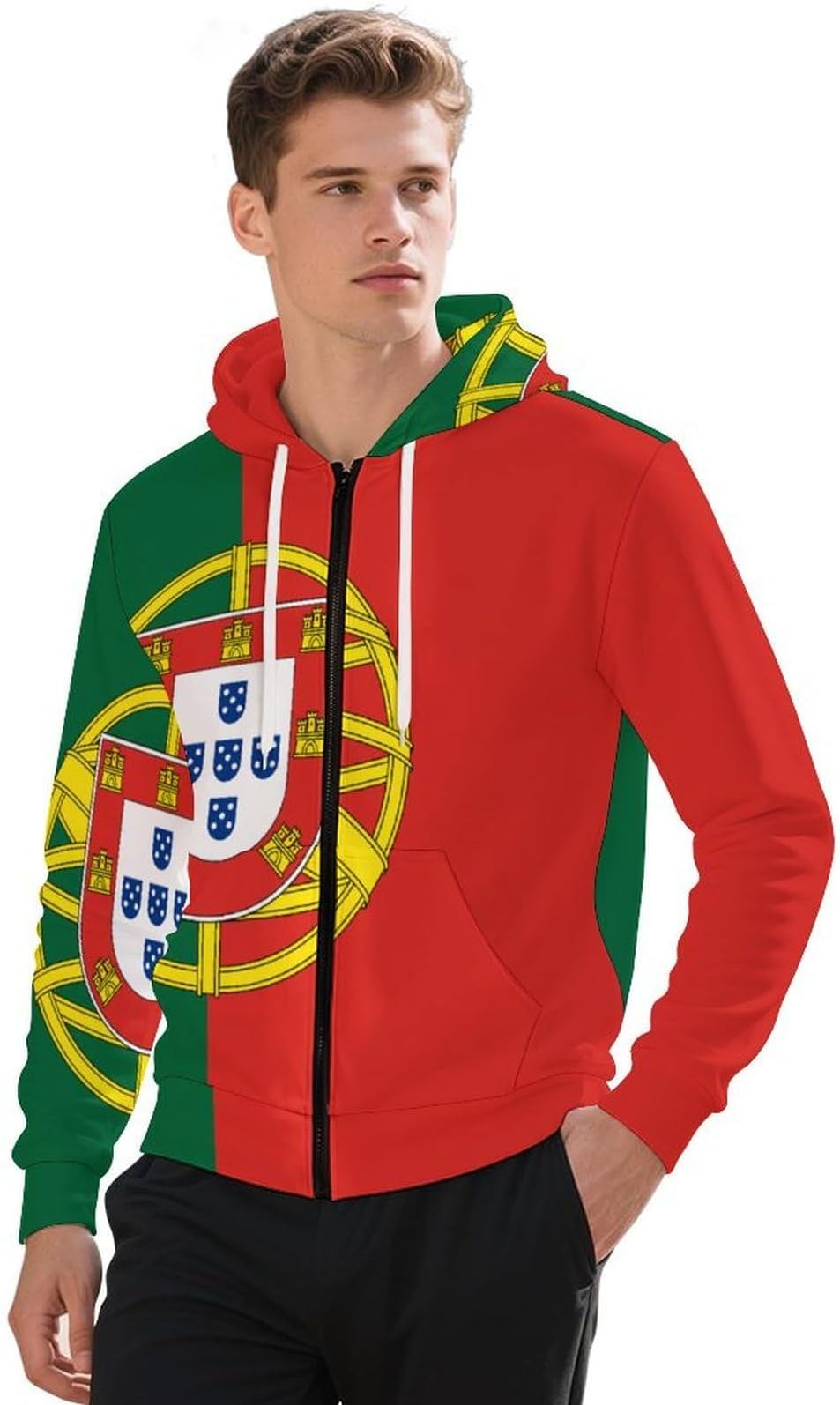 Men'S Portugal Sport Casual Jacket Flag Print Hooded Zip Hoodie Teen Sports Jacket Comfortable Loose Fit Boys Sportswear Full Zip Hoody Warm Tops Sweatshirt With Kangaroo Pockets Uk Work Hoodies