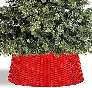 Taylor & Brown Large 60cm Wicker Christmas Tree Skirt Festive Xmas Stand Cover Traditional Decoration Rattan Basket Cover Tidy Decor (Red)